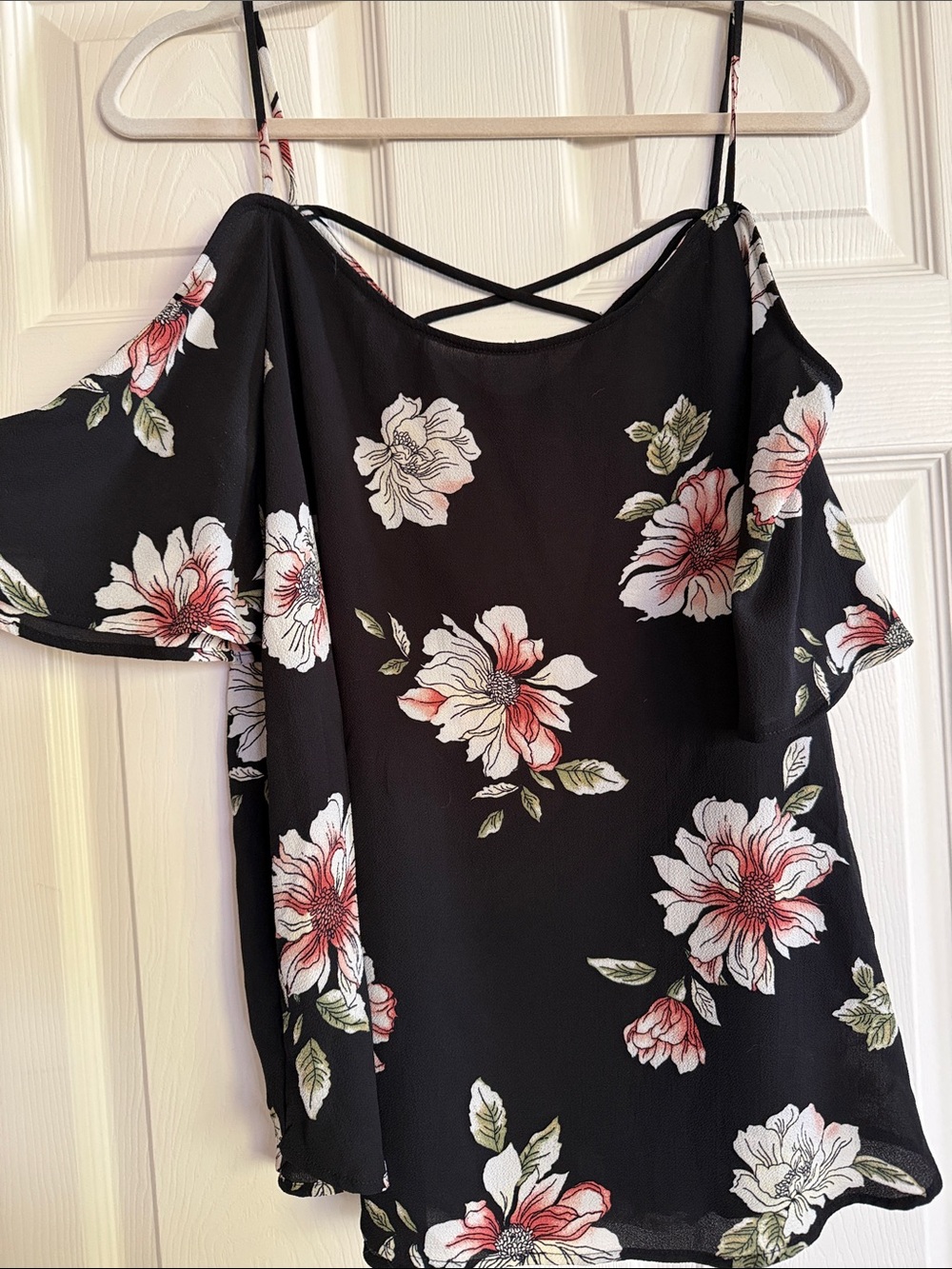 Kaileigh Black Cold-Shoulder Camisole with Pink Floral Print